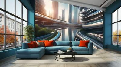 A futuristic cityscape with buildings and structures bending and twisting in a surreal manner, as if alive with motion4 Wall mural