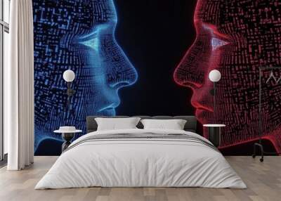 Abstract representation of two digital profiles in blue and red, symbolizing communication and connection in a technological world. Wall mural