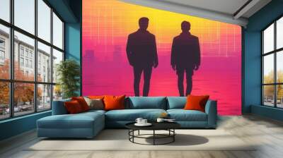 Two silhouettes stand against a vibrant sunset, embodying a sense of mystery and connection in a futuristic landscape. Wall mural