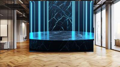 A black marble podium with a polished surface, set against a futuristic backdrop with glowing blue neon lines and abstract patterns. Wall mural