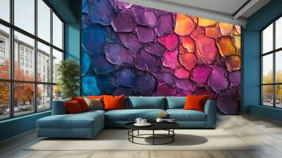 A bright textured surface with a rough, pebbled texture, featuring vibrant colors that catch and reflect light in varied tones. Wall mural