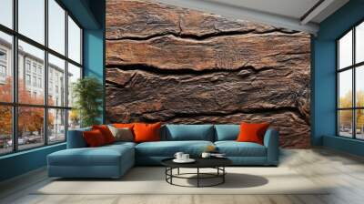 A brown textured surface with a rough, rustic finish, reminiscent of old, weathered wood with deep, natural grain. Wall mural