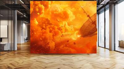 A burning radar system with fierce flames and swirling smoke, isolated on a vibrant orange Wall mural