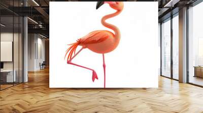 A cartoon 3D happy flamingo with long legs and a cheerful stance, standing on one leg, isolated on white background. Wall mural