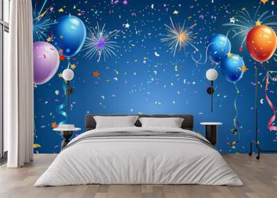 A festive celebration background with colorful fireworks, streamers, and balloons against a starry night sky, leaving ample space for text. Wall mural