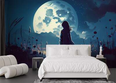 A girl with a big moon on meadow. Generate Ai. Wall mural