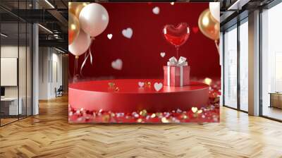 A glossy red podium with gold and white balloons, a gift box tied with a bow, and rose petals scattered around for a romantic Valentine's Day scene. Wall mural