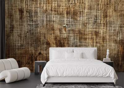 A grunge texture background with worn, frayed burlap, stains, and rough textures, evoking a rustic, Wall mural