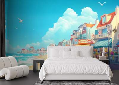 A lively cartoon backdrop of a seaside boardwalk with shops, cafes, and people enjoying the view. The ocean waves crash against the shore, and the sky is bright and clear. Wall mural