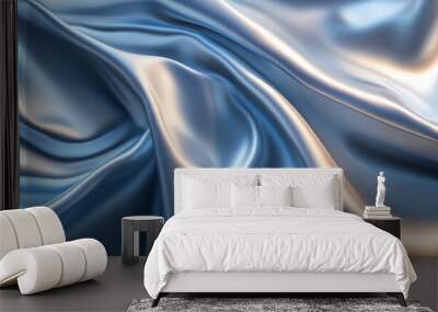 A modern abstract background with 3D silk fabric in gradient tones of cobalt blue to silver. The fabric flows elegantly, with a futuristic, high-tech appearance. Wall mural