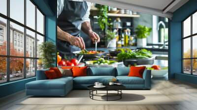 a modern kitchen with a chef preparing a gourmet meal using fresh ingredients Wall mural