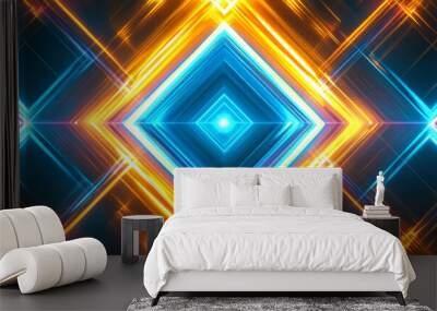 A neon lighting background with glowing yellow and blue tubes arranged in a repeating diamond pattern, creating a dynamic and eye-catching effect. Wall mural