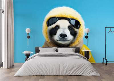 a panda wearing a snow cap and scarf, yellow isolated blue background Wall mural