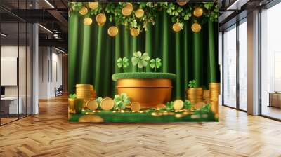 A podium adorned with shamrocks, Irish symbols, and golden coins, set in front of a festive backdrop for Saint Patrickâ€™s Day celebration. Wall mural