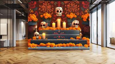 A podium adorned with traditional Day of the Dead decorations, including marigold flowers, sugar skulls, and candles, set against a festive Mexican pattern backdrop. Wall mural