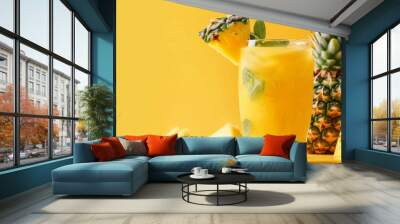 A refreshing fresh juice background with a glass of pineapple juice, garnished with pineapple slices and mint leaves, set against a bright yellow backdrop Wall mural