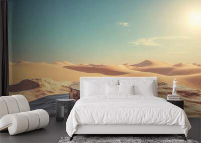 A rough, unpolished stone podium set in a desert landscape with sand dunes stretching into the distance under a blazing sun. Wall mural