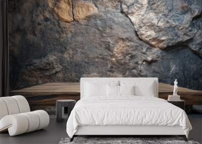 A rustic wooden podium with rough, natural textures, placed in front of a background of raw stone walls and industrial elements, creating an earthy, modern look. Wall mural