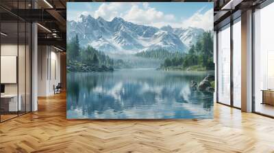 A serene alpine lake background with mirrored reflections, pine forests, and the textures of rocky shores and distant snow-capped mountains, creating a peaceful and scenic natural setting. Wall mural