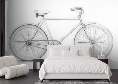 A simple white line drawing of a bicycle with its wheels, frame, and handlebars outlined in clean, minimalist lines. The drawing captures the essence of the bike with simplicity and style. Wall mural