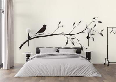 A simple white line drawing of a tree branch with a few leaves and a bird perched on it. The clean lines and minimalist design create a peaceful nature scene. Wall mural