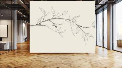 A simple white line drawing of a tree branch with a few leaves gently hanging. The clean lines and minimalist design create a peaceful and natural scene. Wall mural