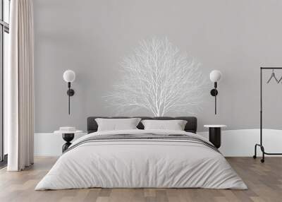 A simple white line drawing of a tree with bare branches, standing tall against a plain background. The minimalist lines create a stark and striking representation of nature. Wall mural