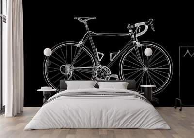 A simple white line drawing on a black background of a bicycle with its wheels and frame outlined. The minimalist design creates a sleek and modern representation. Wall mural