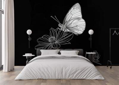 A simple white line drawing on a black background of a butterfly perched on a flower. The contrast emphasizes the delicate interaction between the two. Wall mural