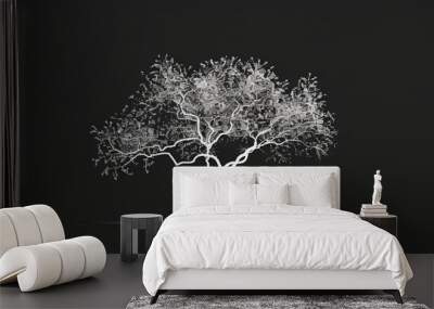 A simple white line drawing on a black background of a tree with branches and leaves. The minimalist design creates a striking and elegant natural scene. Wall mural