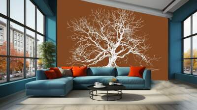 A simple white line drawing on a brown background of a tree with sprawling branches. The earthy tones emphasize the natural strength and stability of the tree. Wall mural