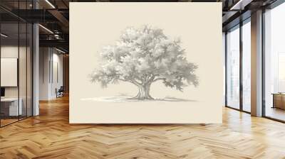 A simple white line drawing on a cream background of a tree with a thick trunk and lush foliage. The neutral tones emphasize the strength and stability of the tree. Wall mural