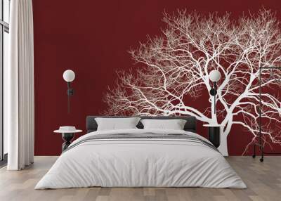 A simple white line drawing on a deep maroon background of a tree with bare branches. The bold color emphasizes the stark beauty of the tree. Wall mural