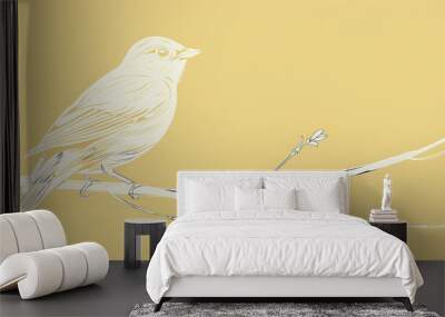 A simple white line drawing on a pastel yellow background of a bird perched on a branch. The light color enhances the delicate beauty of the bird. Wall mural