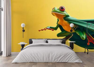 A superhero frog in a green cape and mask, flying swiftly on a yellow background. The frog's agile pose and the bright colors enhance the action-packed scene. Wall mural