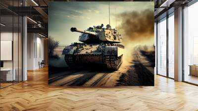 A tank convoy on a spring road. Generate Ai. Wall mural