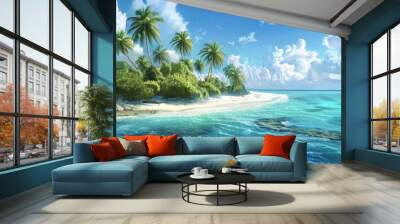 A tranquil island paradise background with crystal-clear waters, white sandy beaches, and the textures of palm trees and coral reefs, creating an exotic setting. Wall mural