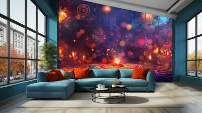 A vibrant Diwali celebration background with glowing lanterns, colorful rangoli, and the textures of festive fireworks and traditional decorations, creating a joyful and cultural festival. Wall mural