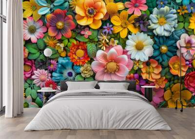 A vibrant floral garden background with colorful blooms, green foliage, and textured petals. The lively, natural elements create a joyful, inviting scene. Wall mural