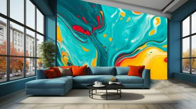 A vivid bright abstract background with bold colors in turquoise, yellow, and red. The design has a high-energy feel with dynamic shapes and vibrant contrasts. Wall mural