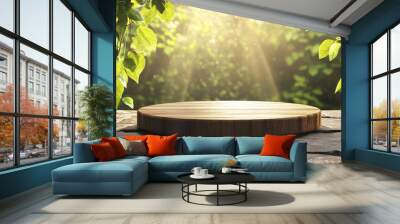 A warm wooden podium with a natural finish, standing on a stone floor with a nature-inspired background of green leaves and sunlight filtering through. Wall mural