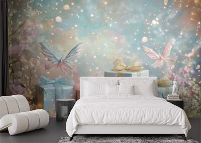 A whimsical, fairy-tale background with gift boxes wrapped in soft pastel colors, adorned with delicate bows and fairy wings, set against a dreamlike, enchanted backdrop. Wall mural