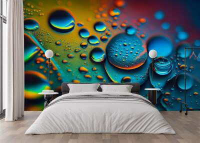 Abstract bright colorful background with drops of oil and water in blue and turquoise tones, macro. . Generate Ai. Wall mural