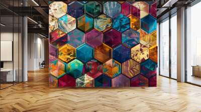 Abstract geometric background with a pattern of interlocking diamonds and hexagons in rich jewel tones. The intricate design and vibrant colors create a luxurious and opulent feel. Wall mural