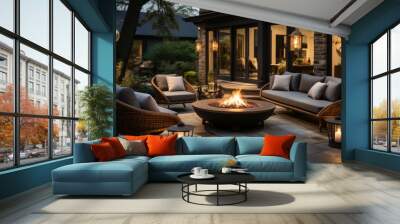 An image of a beautiful outdoor seating area, with several luxurious chairs arranged around a fire pit. Wall mural