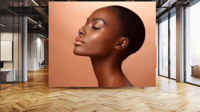 Beautiful sensual sexy young black African ethnic woman model posing profile side face touching chin on brown background Wall mural