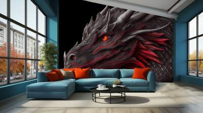 Black and red dragon head close-up on a black background. Generate Ai. Wall mural