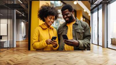 black woman and black man with phone on yellow background. AI Generated Wall mural