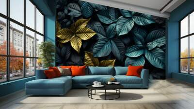 blue leaves on a black background. AI Generated Wall mural