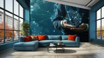 Business man holding global network data connection, Half-length, blue background Wall mural